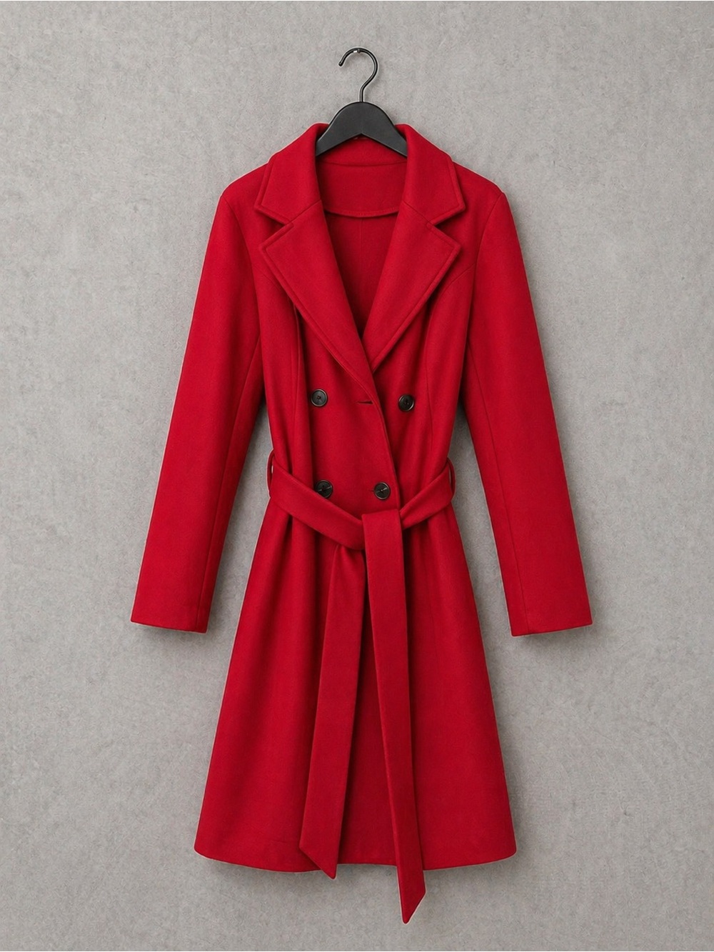 Red Belted Trench Coat – Chic Double Breasted Statement Jacket